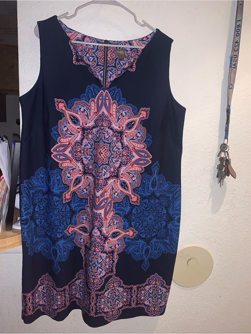 Sleeveless Navy Midi Dress with Pink & Blue Medallion Print
